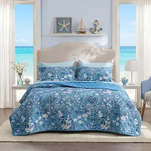 Bedsure Summer Quilt Queen Size - Lightweight Floral Comforter Queen Size, Blue and White Bedspread Quilted Bedding, Reversible Soft Microfiber Coverlet for All Seasons (90"x96")