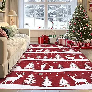 IDEALHOUSE Red 4x6 Rugs for Living Room, Washable Rug for Home Decor, Soft Low Pile Christmas Rugs with Xmas Tree Reindeer Snowflake, Indoor Non Slip Carpet for Entryway, Bedroom, Dining Room