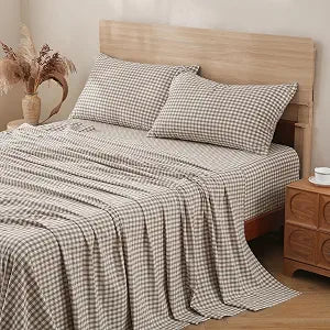TOCOMOA Tan Gingham Sheets Bedding Set 100% Washed Cotton Like Linen Feel Breathable Soft Comfy 4-Piece Brown Plaid Checkered Fall Bed Sheet Set with 17" Deep Pocket Cute Aesthetic, Queen