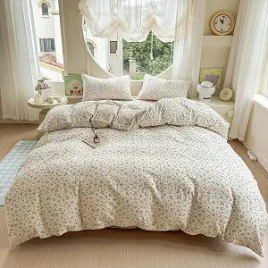 Floral Duvet Cover Full Boho Muslin Cotton Comforter Cover Full Size Double Gauze Lightweight Farmhouse Chic Duvet Cover Set with 2 Pillow Cases Cute Soft Bedding Set for Girls Duvet Protector