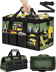 16-Inch Heavy Duty Tool Bag, 19-Pockets Tool Box Organizer, Portable Toolbag W/Soft Handle for Organized Storage, Mechanic Gifts for Men Dad Husband Fathers Day, Wide Mouth Electrician Toolbox, Green