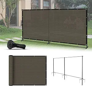 5' x 12' Privacy Fence Kit Freestanding Mesh Screen with Iron Poles Temporary Fencing Outdoor Patio Backyard Divider Dog Air Conditioner Trash Fence Brown