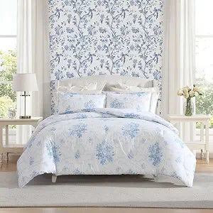 Laura Ashley - Full/Queen Duvet Cover Set, Plain Weave Cotton Bedding with Matching Shams, Button Closure, Lightweight for Year Round Use, Oeko-Tex Certified (Sophia Blue)