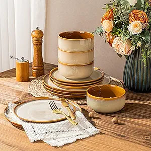 LeRatio Ceramic Dinnerware Sets for 4,12-Piece Plates and Bowls,Handmade Reactive Glaze Dishes Set,Chip Resistant and Scratch Resistant | Oven Dishwasher & Microwave Safe,Service for 4-Kahki
