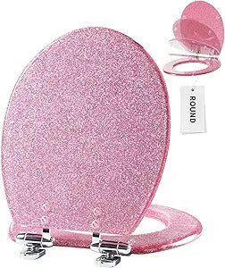 Angol Shiold ROUND Resin Toilet Seat Glitter Pink Soft Close Quick Release Adjustable Metal Hinge Easy to Install also Easy to Clean Decorative Acrylic Seats (17 Inch, Pink Glitter, Ugraded hinge)