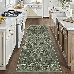 3x7 Green Runner Rug Hallway Washable Area Rugs Kitchen Vintage Boho Non Slip Long Rug Floral Carpet Indoor Retro Soft Low Pile Throw Rug for Bedroom Bathroom Laundry Dining Living Room Office