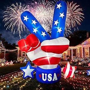 BLOWOUT FUN 5ft Tall Patriotic Independence Day 4th of July Inflatable Victory Gesture LED Blow Up Lighted Decor Indoor Outdoor Holiday Art Decor Decorations