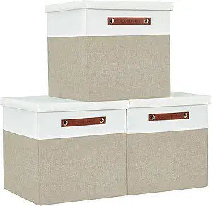 DECOMOMO Storage Basket with Lid, Storage Cubes with Handles, Fabric Box with Lid (Beige and White, 13 / 3 Pack)