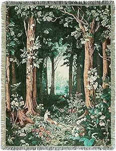 Moukeren 60 x 50 Inch Forest Woven Tapestry Blanket with Colorful Tassels Nature Tapestry, Woodland Cozy Throw for Couch Sofa Chair, Wall Hanging Home Decor Gift