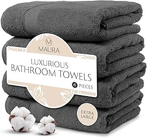 MAURA Grey Extra Large Turkish Cotton Luxury Bath Towels Set of 4. Ultra-Soft, Thick & Plush Towels for Bathroom - Space Gray