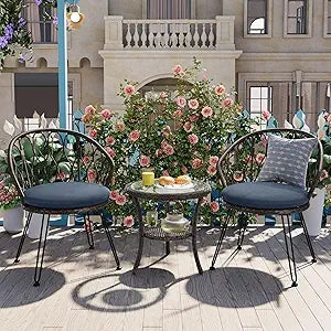 LUMISOL Outdoor Chairs Set, 2 Rattan Single Chairs with A Glass Round Table, Patio Furniture for Patio Balcony Courtyard, Blue Brown