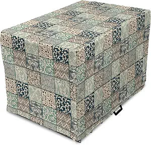 Lunarable Geometric Dog Crate Cover, Antique Mosaic with Victorian Garden Motifs Damask and Scroll Flower, Easy to Use Pet Kennel Cover for Medium Large Dogs, 36 Inch, Seafoam Brown Dark Blue