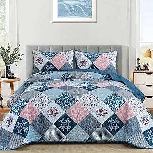 Dinjoy Blue Quilt Set Queen Size,3 Pieces Floral Plaid Patchwork Bedspread Set Microfiber Lightweight Boho Bedding Bedspread Coverlet Set for All Season(96"90")