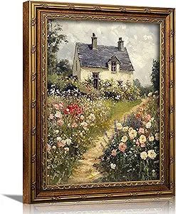 3D Textured Canvas Wall Art Vintage Carved Gold Frame Vintage Country Farmhouse Wildflower Nature Floral Relief Poster Print Artwork for Bedroom, Bathroom, Living Room Office Home Decor