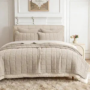 120x128 Cotton Quilt Bedding Set Oversized King Size Quilted Bedspread Sets with 2 Shams,3 Pieces Lightweight Soft Bedding Sets for All Season,Khaki