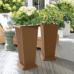 TUYOHW Set of 2 Tall Planters, 24" Large Indoor Outdoor Flower Pots with Tray, Modern Tapered Planters for Porch, Patio, Garden, Backyard
