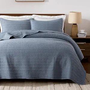 palassio Queen Quilt Set Channel Pick Stitch Striped Dusty Blue Coverlet | Thin Farmhouse Comforter, Queen Size 90"x92" + 2 Shams 20"x26", Soft Lightweight Bedspread, All-Season, Machine Washable