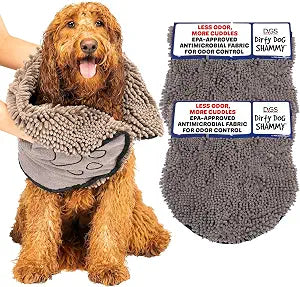 Dog Gone Smart The Dirty Dog Shammy - 2-Pack, Antimicrobial Microfiber Dog Towel for Odor Control, Fast-Drying Plush, Dual Hand Pockets & Super Absorbent, Machine Washable - 3113 in, Grey