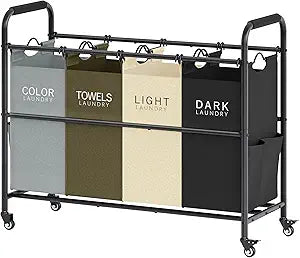 Tajsoon 4 Bag Laundry Sorter Cart, 4 Section Laundry Hamper Sorter with Heavy Duty Lockable Rolling Wheels, Laundry Separator Hamper with Removable Bags for Dirty Clothes Storage, 4 Colors