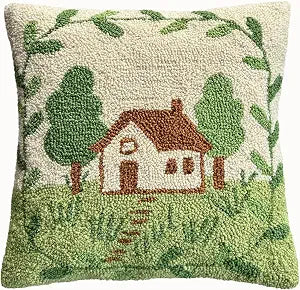 Hand Hooked Throw Pillow Cover 16x16 Inch, Cottage Tree Scene Decorative Pillowcase with Zipper, Velveteen Back Farmhouse Cottagecore Cushion Cover for Couch Bed Sofa