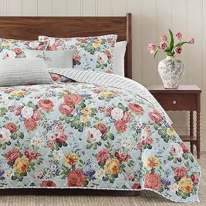 WRENSONGE Floral Quilt Set Queen Size, 3 Piece Reversible Lightweight Soft Bedspread Coverlet, Garden Farmhouse Botanical Diamond Stitched Bedding Set with 2 Pillow Shams for All Seasons