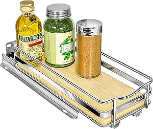 LYNK PROFESSIONAL lite Pull Out Spice Organization for Cabinets - 4-3/8 inch Wide  Spice Rack for Inside Cabinets  Wood/Chrome - Sliding Spice Rack Organizer for cabinet  Spice Rack - 1 Tier