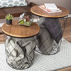 End Tables Set of 2 - Nesting Tables with Removable Wood Tops and Metal Basket Bases for Blanket Storage - Round Side Furniture for Living Room, Bedroom, or Home Office by Lavish Home (Brown)