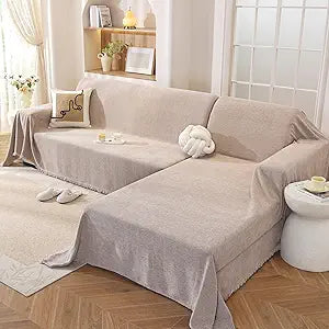 OstepDecor Sectional Couch Covers 2 Pieces, L Shaped Couch Cover Blanket, Sectional Sofa Cover Washable, Chaise Lounge Sofa Slipcovers Pet Furniture Protector for Dogs (71"x118"+91"x134", Khaki)