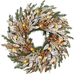 Christmas Wreaths for Front Door - 8 Lighting Modes 26 Inch Real Touch Pine Wreath with Gold Leaves & Champagne Berries Prelit Winter Wreath for Outdoor Christmas Decorations Windows Indoor Home Decor