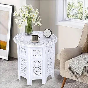 Side Table in Mango Wood-Handcrafted Solid Wood End Table, Carved Accent Table for Living Room, Bedroom, or Entryway Dcor 18x18 Octagon Style White Antique