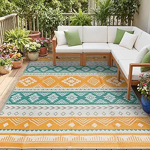 famibay Outdoor Rug Reversible Portable Plastic Straw Camping Rugs, Large Waterproof Outdoor Area Rugs for Patio, RV, Backyard, Deck, Balcony, Picnic, Beach 8x10 Yellow