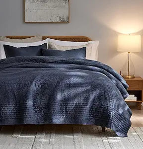 palassio Striped Navy Blue 100% Cotton Quilt Queen Size Bedding Sets, Lightweight Crinkly Channel Pick Stitch Textured Bedspread Soft Shabby Chic Farmhouse Country Coverlet for All Season, 2 Shams