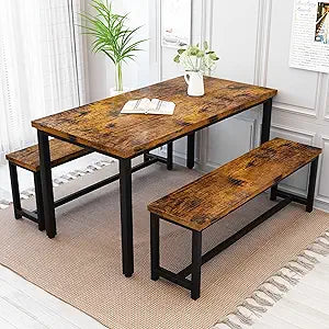 Recaceik Dining Table Set with Bench, 3 Pieces Dining Furniture Set Kitchen Table Set Sturdy Structure Space-Saving Dinette for Kitchen, Dining Room Breakfast Nook, Living Room, Rustic Brow