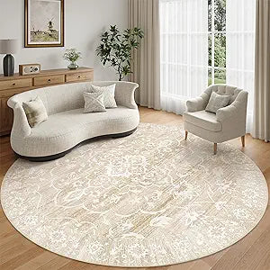 Soalmost Washable Round Rug 8ft for Living Room, Soft Ultra-Thin Non-Slip Vintage Floral Circle Area Rug, 8x8 Round Throw Carpet for Dining Room Nursery Bedroom Kitchen (Beige, 8'Round)
