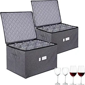 Luxula Wine Glass Storage Box 2-Pack, China Storage Containers with Dividers for 24 Glasses, 11'' Tall, Rigid Sides, Dual Zipper & Handles, Stackable Glassware Storage Organizer for Moving & Home Use