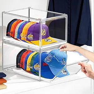 Hat Organizer for Baseball Caps, Large Clear Hats Holder Box Hat Storage with Sliding Tray, Stackable Hat Rack Display Case for Caps with Magnetic Door, Each Holds 8-10 Hats (2 Packs)