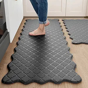 Arenarug Upgrade Scalloped Embossed Kitchen Mats for Floor 2PCS Cushioned Anti Fatigue Waterproof Foam Kitchen Rugs Non Slip Washable Comfort Standing Mat for Sink Laundry, 17.3"x30"+17.3"x59", Black