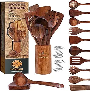 12-Piece Premium Teak Wooden Cooking Utensils Set  Heat-Resistant Spoons & Spatulas with Holder and Spoon Rest | Non-Stick Safe, Lightweight Natural Wood Kitchen Tools