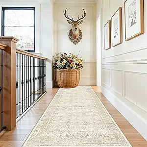 3x10 Runner Rug Washable Hallway: Non Slip Farmhouse Kitchen Carpet with Rubber Backing for Entryway Long Soft Vintage Indoor Floor Mat for Bathroom Bedroom (Beige/Ivory 3'x10')