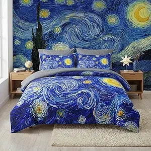 Pamnest Comforter Set Queen Size, Moon Starry Night 7 Pcs Bedding for Kids and Adults, Blue Modern Star Sky Art Bed Sheet Sets with Fitted Sheet 2 Pillowcase & 2 Sham for Bedroom Bed Decor