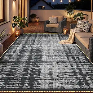 MontVoo Outdoor Rug Waterproof 8x10 ft with Strip Lights Outdoor Patio Rug Mat Reversible Plastic Straw Rug Outside Outdoor Rug for RV Camping Picnic Balcony Backyard