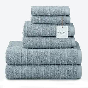 Welhome James 100% Cotton Textured Stripe Towel Set - 6 Piece Set of 2 Bath Towels, 2 Hand Towels, 2 Washcloths, Soft & Absorbent, Dusty Blue