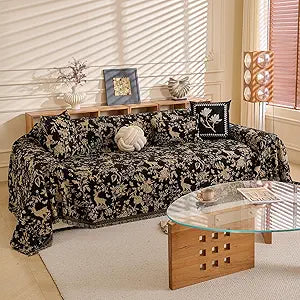 DREAMINGO Black Vintage Couch Cover Botanical Deer Jacquard Sofa Covers for 3 Cushion Couch Washable Chenille Furniture Protector Throw Slipcovers for 3 Seat Sectional Sofa, X-Large 71"x134"