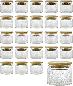 4 oz Mini Glass Jars with Airtight Bamboo Lids 24 pack, Decorative Small Food Storage Canister, Vintage Embossed Home Dcor Candle Parties Wedding Baby Shower Favors Gift
