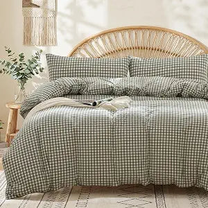MILDLY Green Gingham Duvet Cover - 100% Washed Cotton Linen Feel Plaid Comforter Cover Set with Dual Zipper & 8 Corner Ties 90"x90"