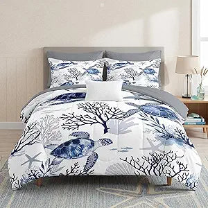 WeCozy 5 Pcs Twin Size Comforter Set with Pillowcase & Sham, Ocean Sea Coral Bedding for Kids and Adults, Blue Animal Turtle Bed in a Bag with Flat Fitted Sheet