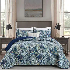 DJY Navy Blue Paisley Quilt Set King Size Boho Bedspread Coverlet Set 3 Pieces, Soft Lightweight Microfiber Vintage Navy Gold Paisley Floral Pattern Bedding for All Season, 110''x90''