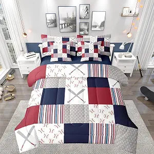 Feelyou Baseball Comforter Set with Sheets Twin Size Sports Game Bed in a Bag Set Baseball Gaming 7 Pieces Bedding Set Gift for Baseball Lover Bed Set Room Decor White Navy