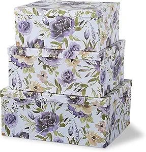 Soul & Lane Decorative Cardboard Storage Boxes with Lids for Home Decor and Organization, Set of 3 Large Keepsake Boxes for Memories & Gifts, Nesting Floral Photo Storage Containers, Purple Passion