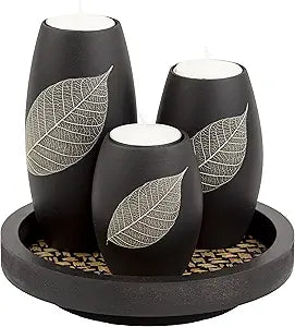 IYARA CRAFT Candle Holder Set with Tray  3 Handmade Wood Tealight Holders, Black Leaf Design, Winter Home Dcor, Spa-Inspired Holiday Centerpiece & Elegant for Women, Mom, Housewarming